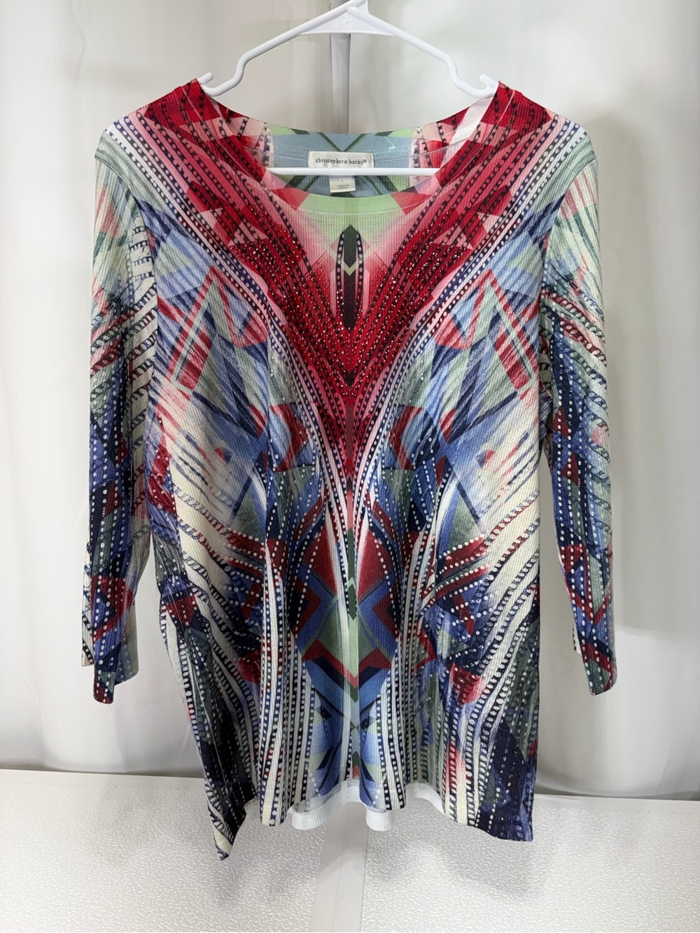 Christopher & Banks Red and Blue Geometric Print Long Sleeve Top 4305